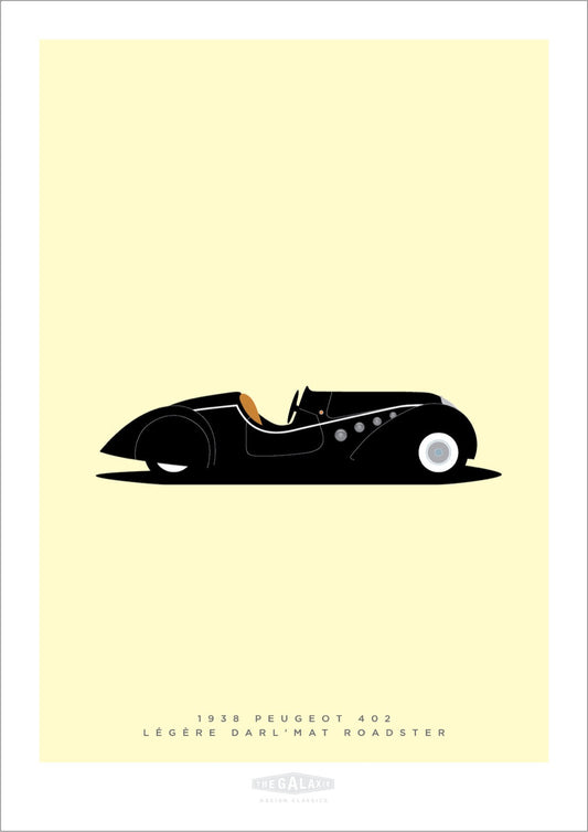 Beautiful hand drawn print of a black PEUGEOT 402 LÉGÈRE DARL’MAT Roadster on a cream background.