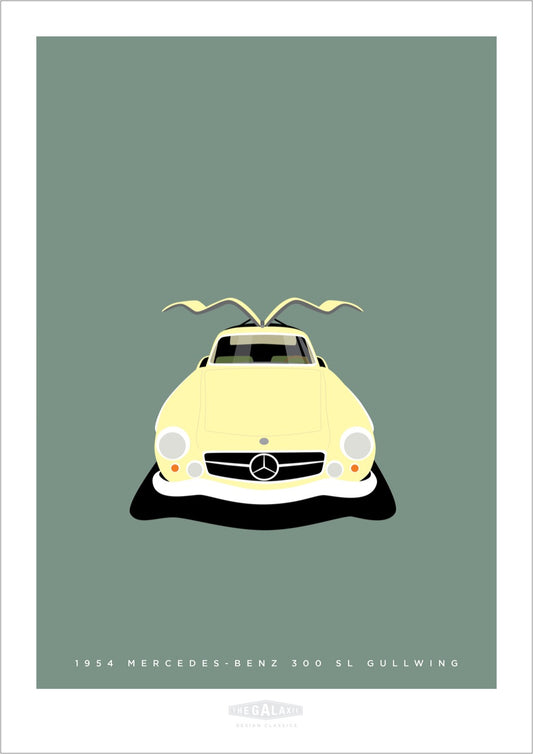 This is a hand drawn poster of a magnificent cream 1954 Mercedes Benz 300 SL Gullwing sports car on a green background.