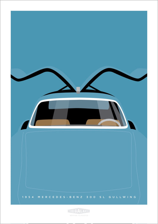 This is a hand drawn close up poster of a magnificent blue 1954 Mercedes Benz 300 SL Gullwing sports car on a grey blue background.