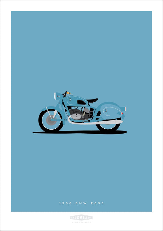 Classy and cool hand drawn poster of a blue 1966 BMW R69S motorcycle on a soft blue background.