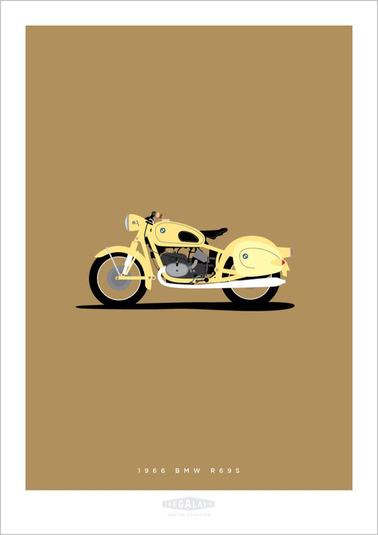 Classy and cool hand drawn poster of a cream 1966 BMW R69S motorbike on an elegant tan background.