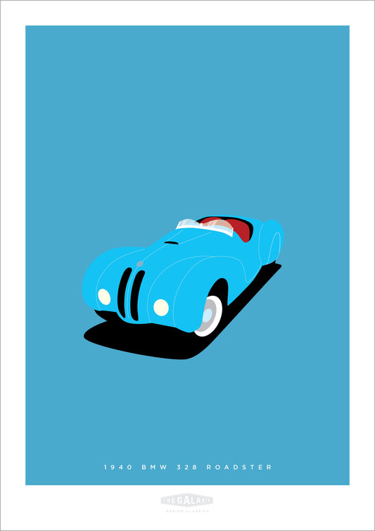 Classy hand drawn poster of a classic blue 1949 BMW 328 roadster on an elegant blue background.