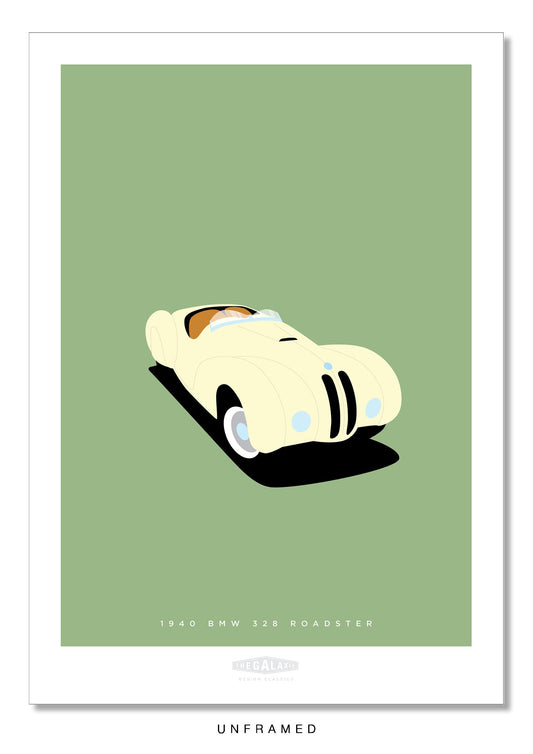 Classy hand drawn poster of a classic cream 1949 BMW 328 roadster on an elegant green background.