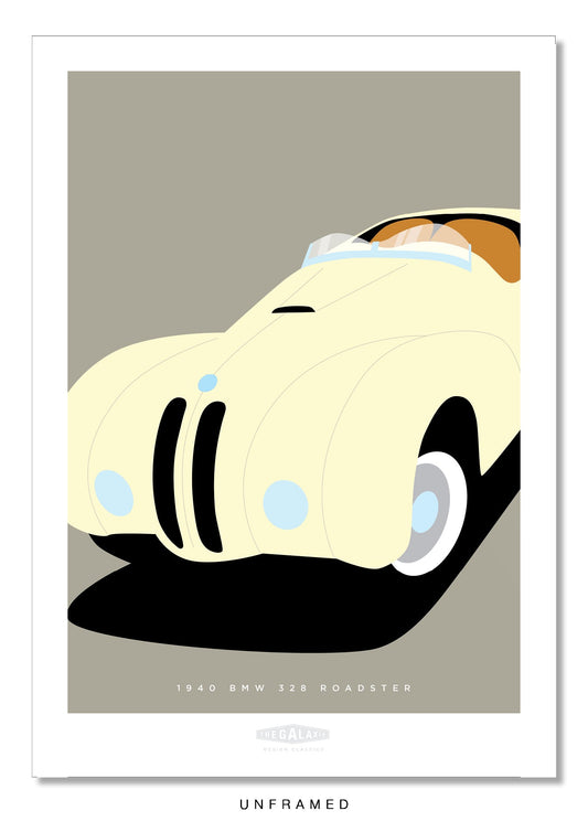 Classy hand drawn poster of a classic cream 1949 BMW 328 roadster on an elegant grey background.