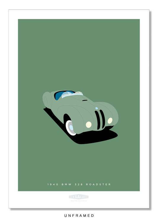 Classy hand drawn poster of a beautiful green 1949 BMW 328 roadster on an elegant green background.