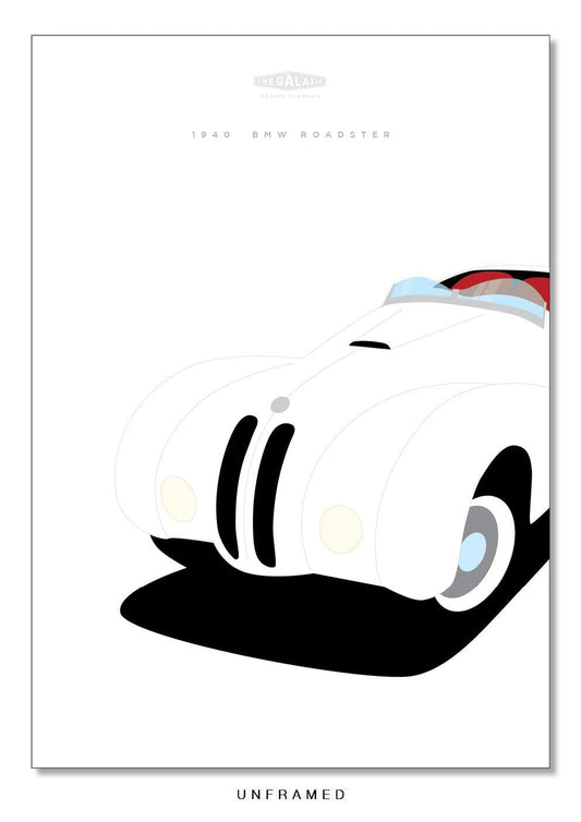 Stylish and minimal hand drawn poster of a classic white 1949 BMW 328 roadster on a white background.