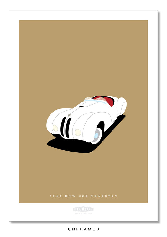 Classy hand drawn poster of a classic white 1949 BMW 328 roadster looking stunning on a soft tan background.