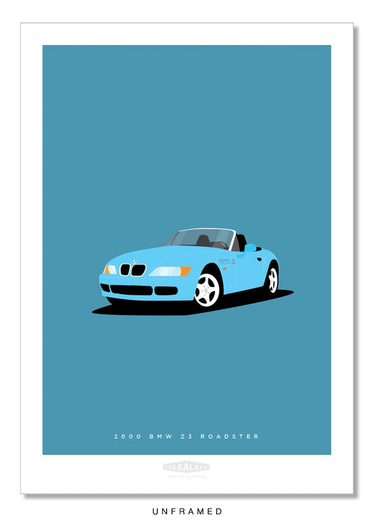 Classy hand drawn poster of a beautiful blue 2000 BMW Z3 Roadster on an elegant blue background.