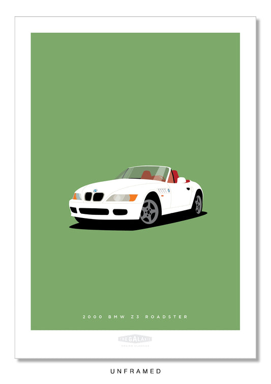 Classy hand drawn poster of a beautiful white 2000 BMW Z3 Roadster on an elegant green background.