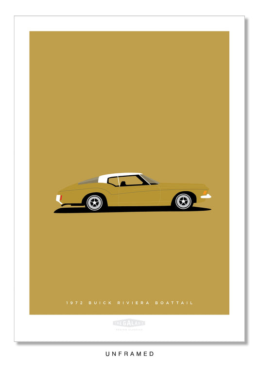 Classy hand drawn poster of a very cool gold and white 1972 Buick Riviera on a soft gold background.