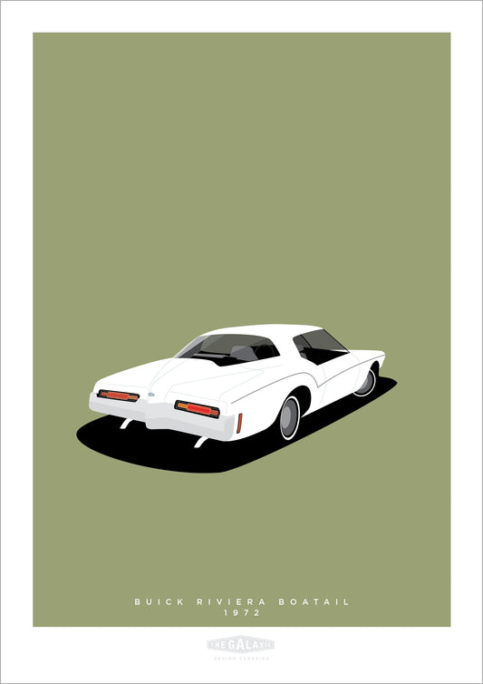 Classy hand drawn poster of a very cool white 1972 Buick Riviera on a soft green background.