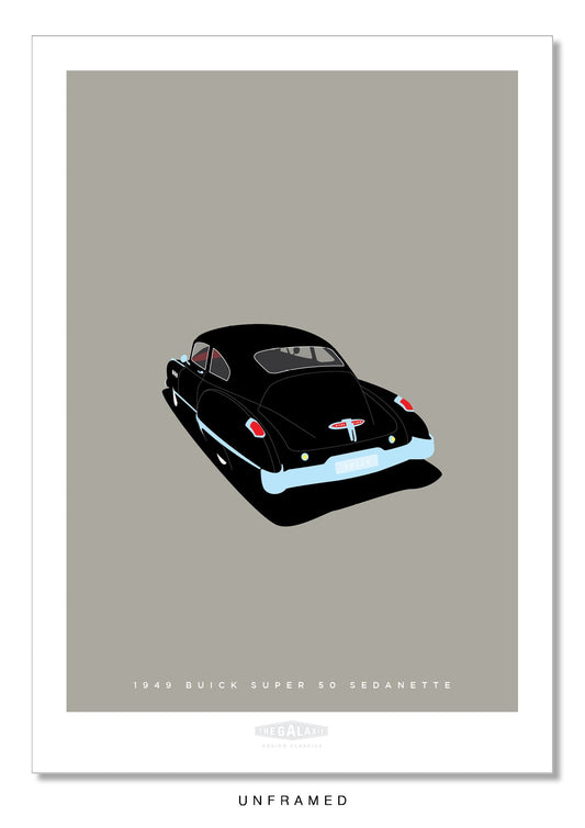 Classy hand drawn poster of a totally stunning black 1949 Buick Super 50 Sedanette on a soft grey background.