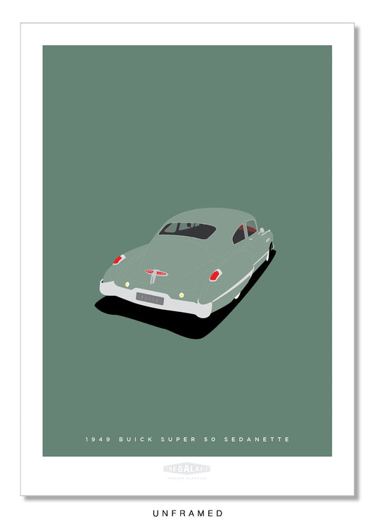 Classy hand drawn poster of a totally stunning green 1949 Buick Super 50 Sedanette on a soft green background.