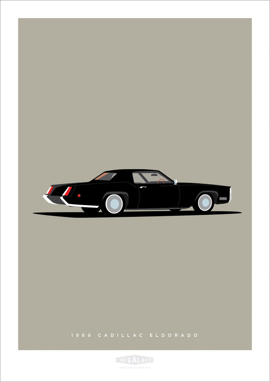 Beautiful hand drawn poster of an elegant black 1969 Cadillac Eldorado on a soft grey background.