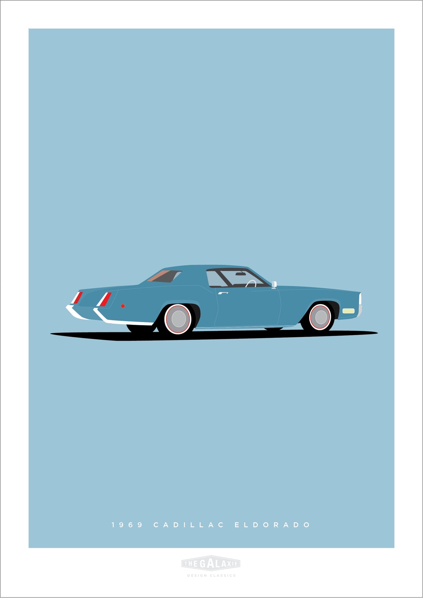 Beautiful hand drawn poster of an elegant grey blue 1969 Cadillac Eldorado on a soft blue background.
