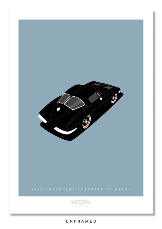 Original hand drawn poster of a magnificent black 1963 Chevrolet Corvette Stingray on a soft grey-blue background.