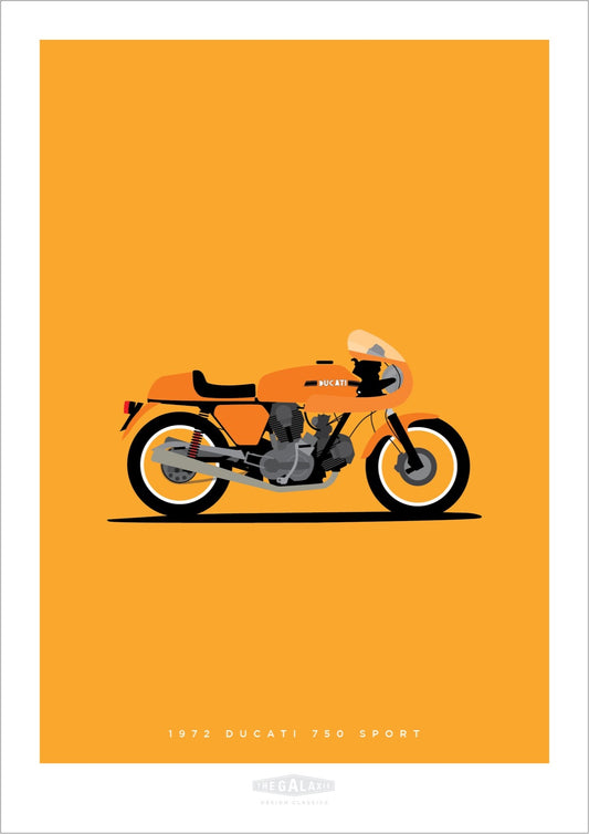 Beautiful original poster of A 1972 yellow Ducati 750 Sport on a yellow background.