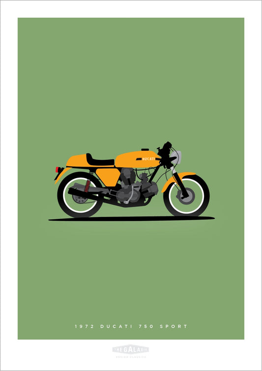 Beautiful original poster of A 1972 yellow Ducati 750 Sport on a green background.