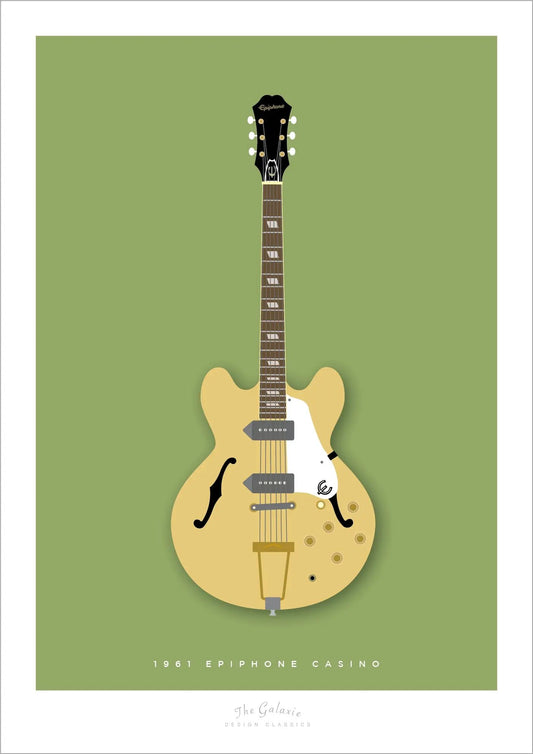 Beautiful hand drawn poster of a gorgeous cream 1961 Epiphone Casino on a green background.