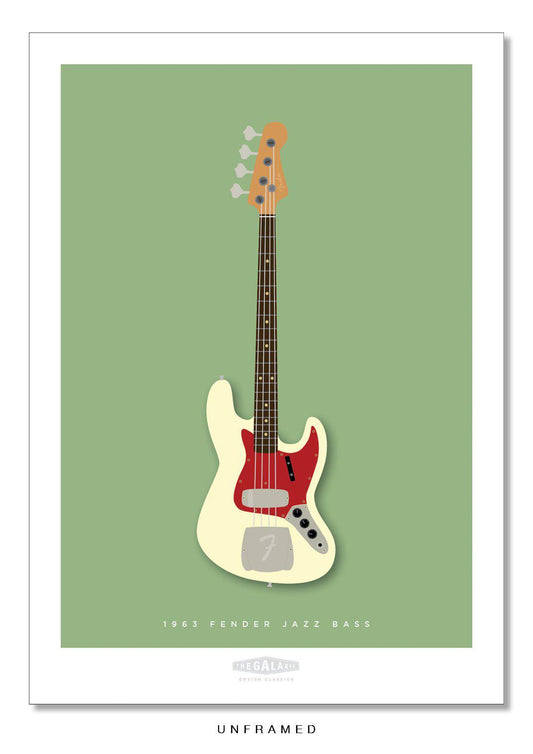 Beautiful hand drawn poster of a totally stunning cream 1963 Fender Jazz Bass on a soft green background.