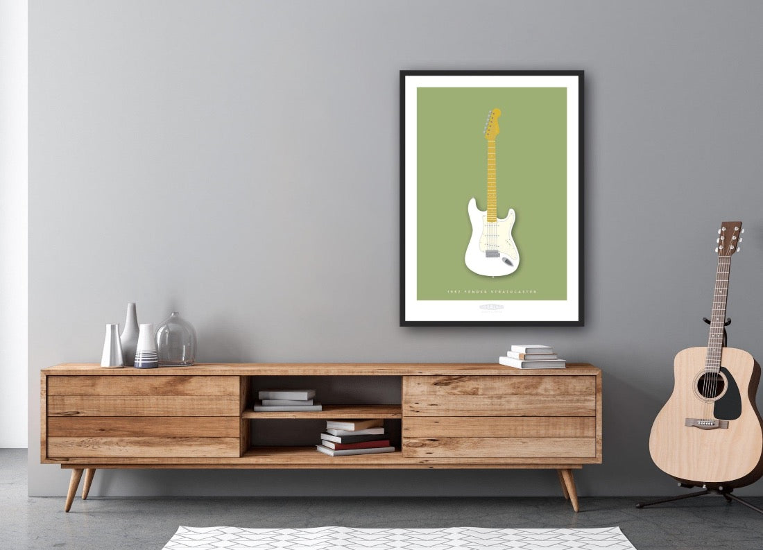 Beautiful hand drawn poster of a totally stunning white 1957 Fender Stratocaster on a soft olive background.