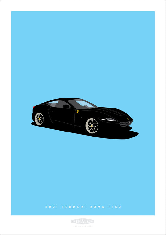 An original hand drawn poster of a gorgeous black 2021 Ferrari Roma F169 2021 on a light blue background.