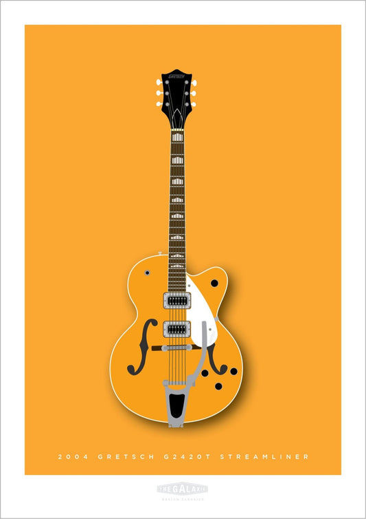 Hand drawn print of a classic orange 2004 Gretsch G2420T Streamliner guitar on an. orange background.