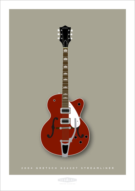Hand drawn print of a classic red 2004 Gretsch G2420T Streamliner guitar on a grey background.