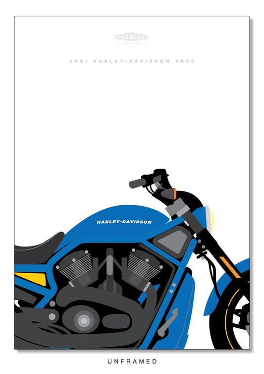 Hand drawn print shows a closeup of a 2001 Harley Davidson VRSC on a white background.
