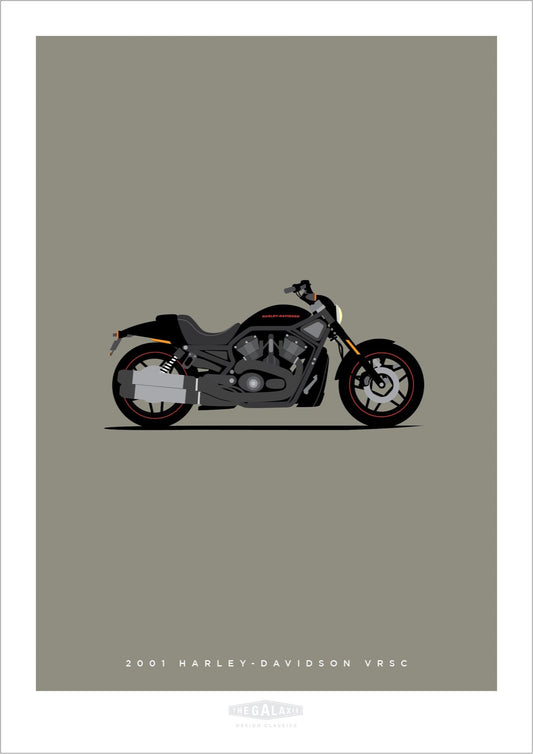 Hand drawn print of a black 2001 Harley Davidson VRSC on a grey background.