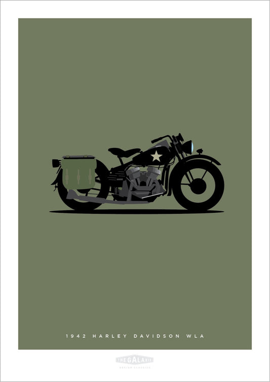 Hand drawn print of a classic black 1942 Harley Davidson WLA on an olive background.