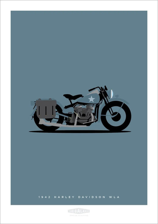 Hand drawn print of a classic grey blue 1942 Harley Davidson WLA on a blue background.