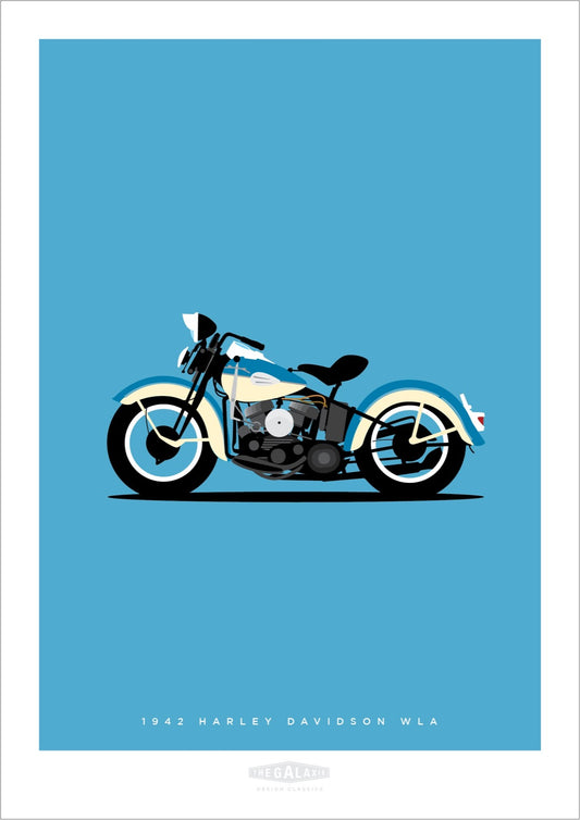 Hand drawn print of a classic blue and cream 1942 Harley Davidson WLA on a blue background.