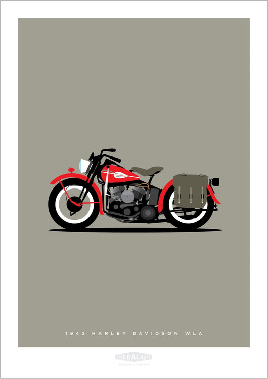 Hand drawn print of a classic red 1942 Harley Davidson WLA on a grey background.