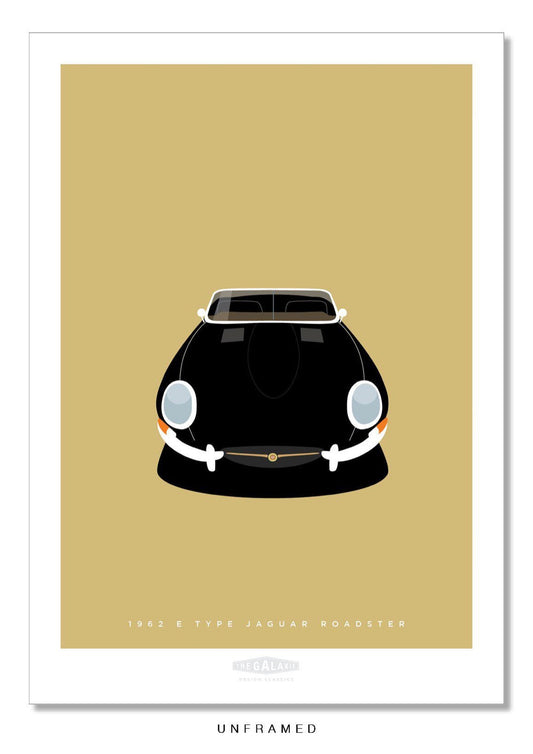 Hand drawn print of a black 1962 Jaguar E Type Roadster on a gold background.
