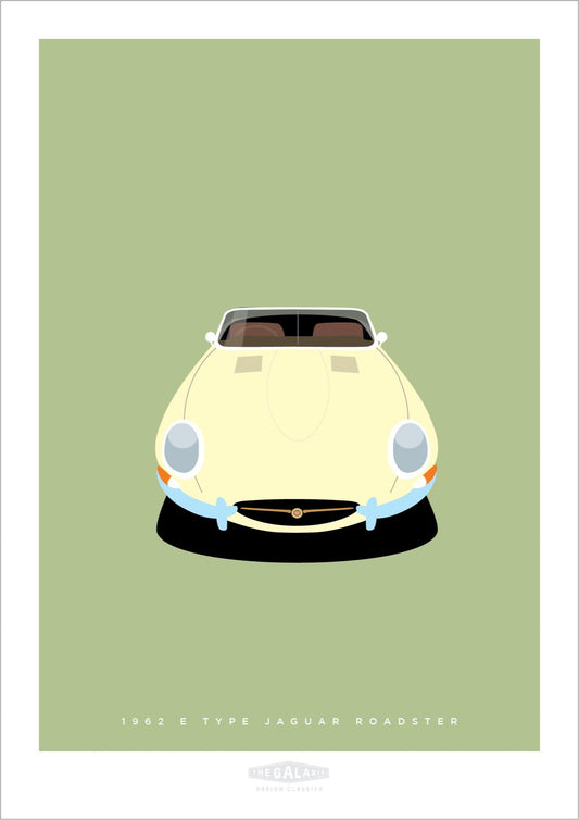 Hand drawn print of a cream 1962 Jaguar E Type Roadster on a green background.