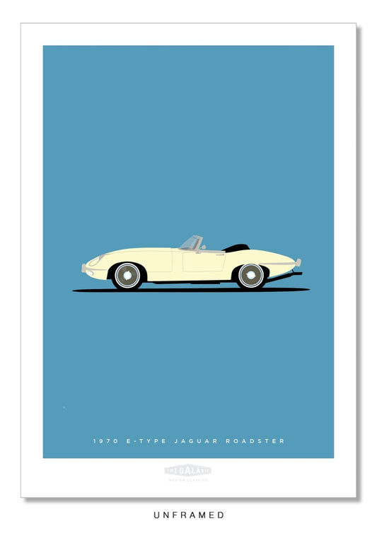 Hand drawn poster of the rear end of a cream 1970 Jaguar E-Type Roadster on a blue background.