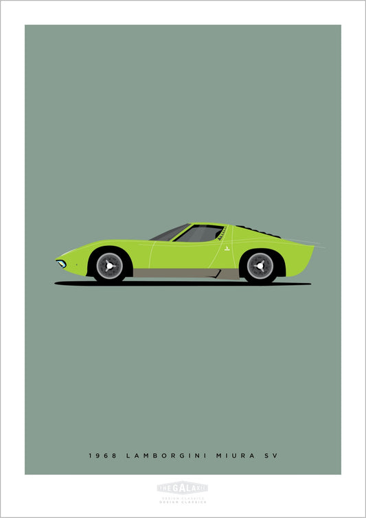 Hand drawn poster of a lime 1968 Lamborghini Miura SV on a green background.