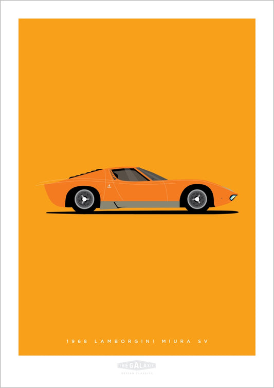 Hand drawn poster of an orange 1968 Lamborghini Miura SV on a mandarin background.