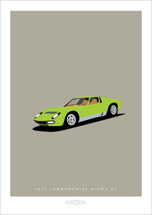 Hand drawn poster of a lime 1971 Lamborghini Miura SV on a cool grey background.
