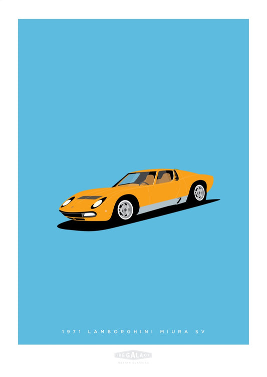 Hand drawn poster of an orange 1971 Lamborghini Miura SV on a cool blue background.