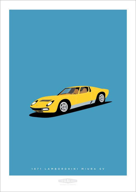 Hand drawn poster of a yellow 1971 Lamborghini Miura SV on a cool blue background.
