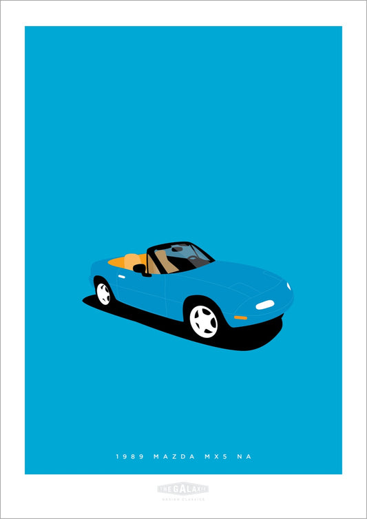Hand drawn poster of a blue 1989 Mazda MX-5 NA on a cool blue background.