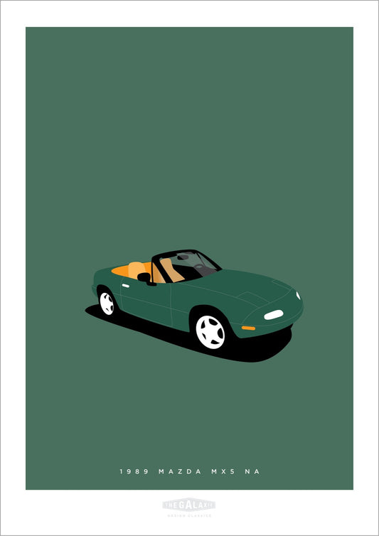 Hand drawn poster of a green 1989 Mazda MX-5 NA on a green background.