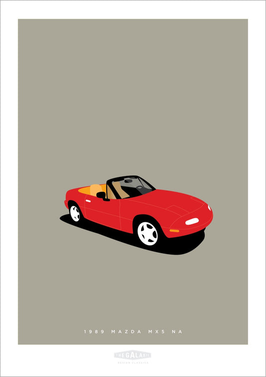 Hand drawn poster of a red 1989 Mazda MX-5 NA on a cool grey background.