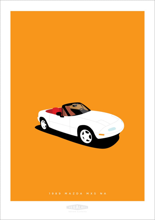 Hand drawn poster of a white 1989 Mazda MX-5 NA on an orange background.