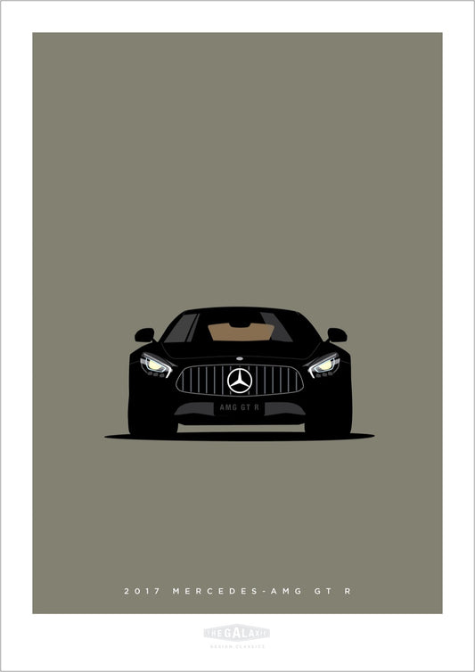 Hand drawn poster of a black 2017 Mercedes-AMG GT R on a cool grey background.