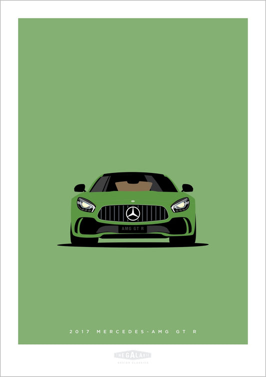 Hand drawn poster of a green 2017 Mercedes-AMG GT R on a green background.