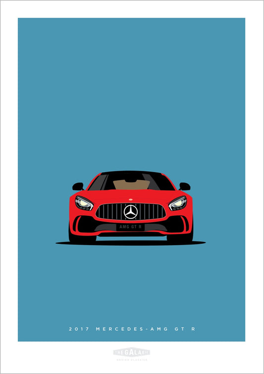 Hand drawn poster of a red 2017 Mercedes-AMG GT R on a cool blue background.