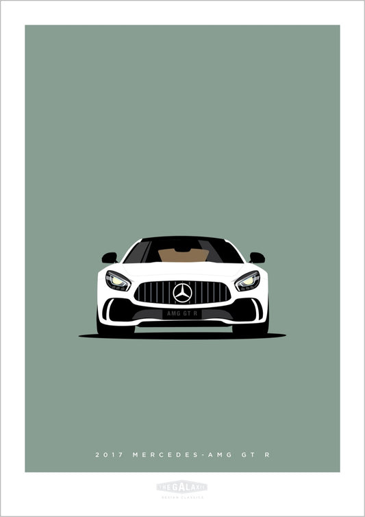 Hand drawn poster of a white 2017 Mercedes-AMG GT R on a cool green background.